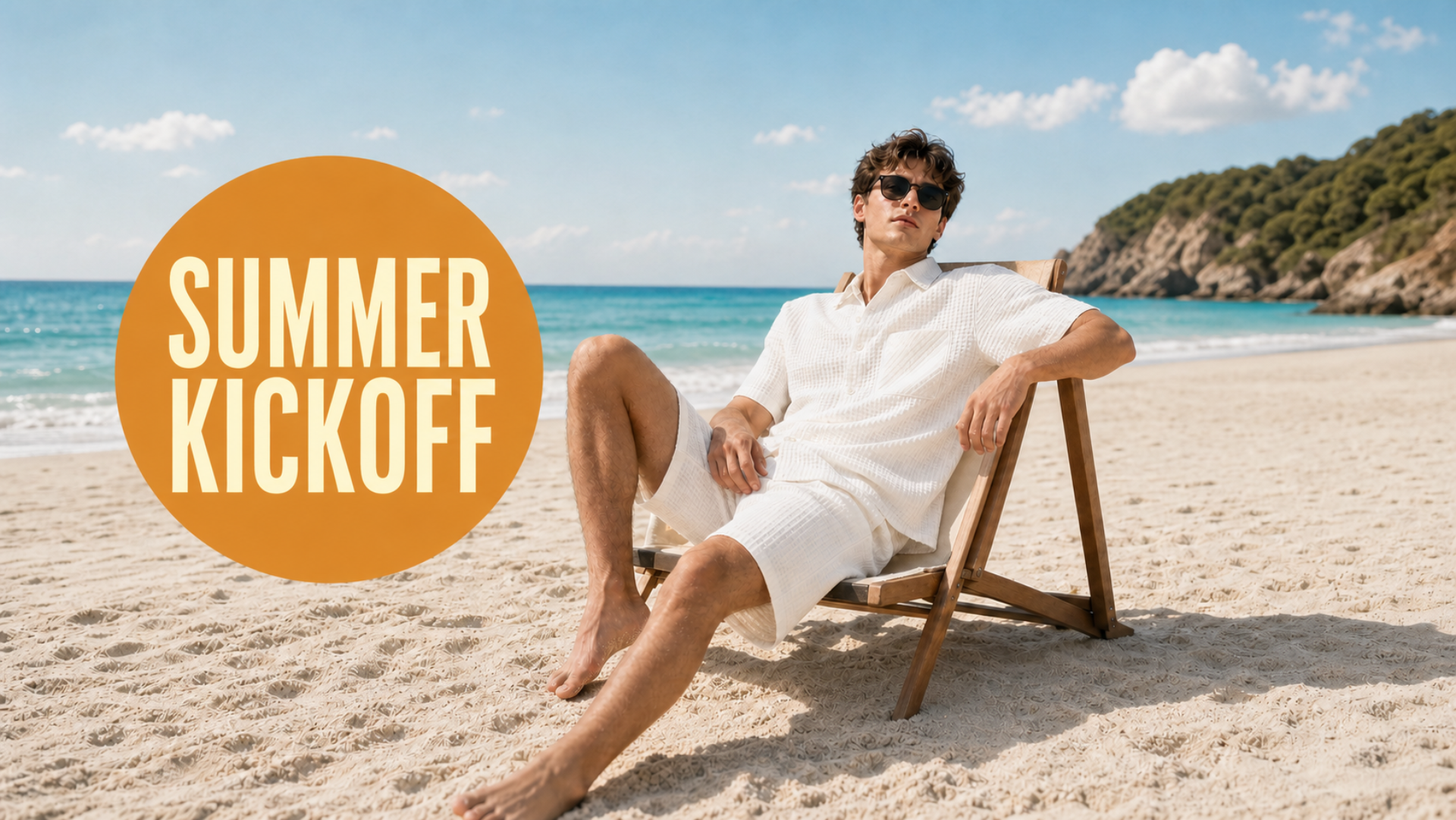 Man relaxing on a beach chair with 'Summer Kickoff' text overlay