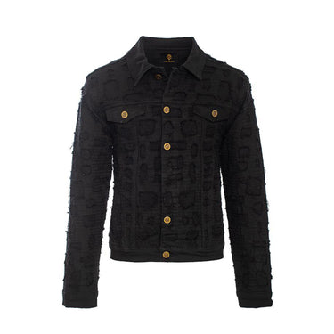 Patchwork Distressed Denim Jacket-BLACK