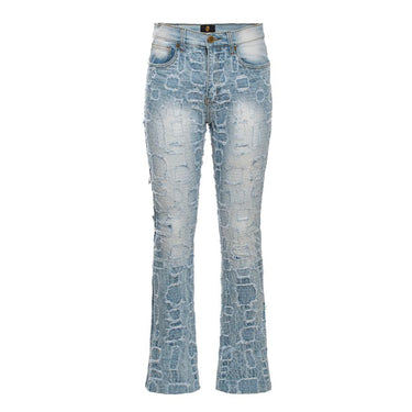 Patchwork Distressed Denim Jeans-LIGHT BLUE