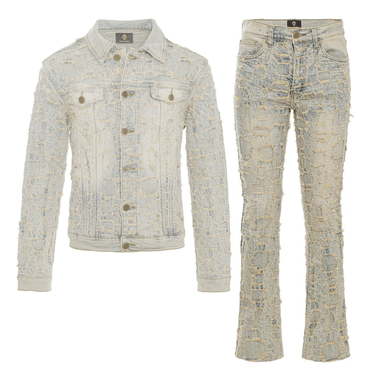 Patchwork Distressed Denim Jacket + Jeans SET - TAN