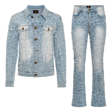 Patchwork Distressed Denim Jacket + Jeans SET - LIGHT BLUE