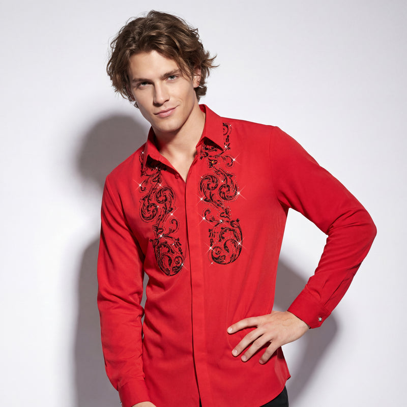 Climbing Heights Rhinestone Button-Up Shirt RED