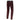 Rear view of slim-fit black trousers covered in red studs, featuring a black logo patch and spiked side seams.