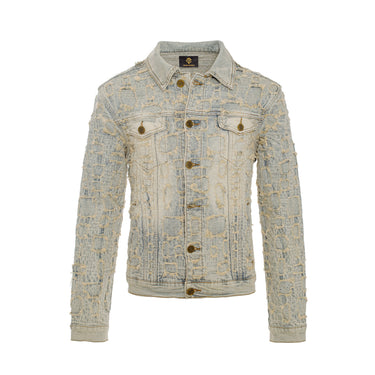 Patchwork Distressed Denim Jacket-TAN