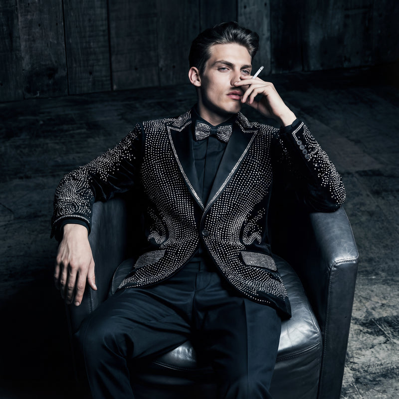 Regal Cascades Embellished Velvet Blazer BLACK/SILVER